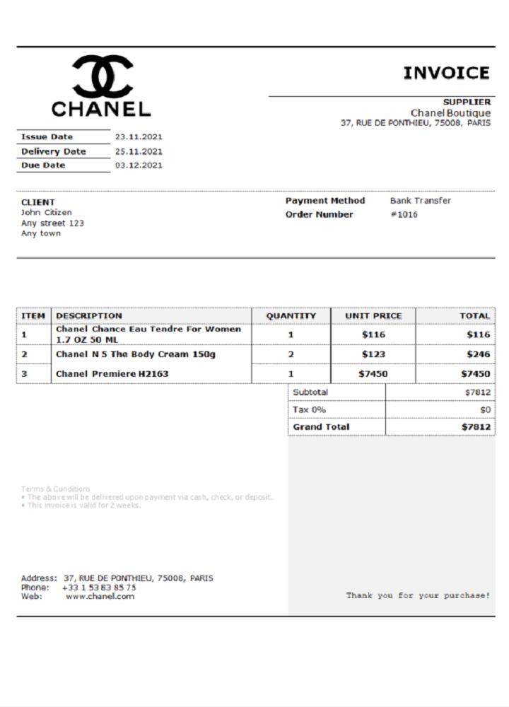 USA Chanel invoice PSD template